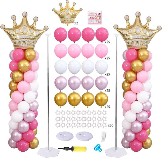 Princess Pink and White Gold Balloon Column Stand Kit Set of 2 for Floor Princess Birthday Party Balloon Arch Kit with 125PCS Hot Pink White Gold Balloon Towers for Girl Birthday Party Decorations