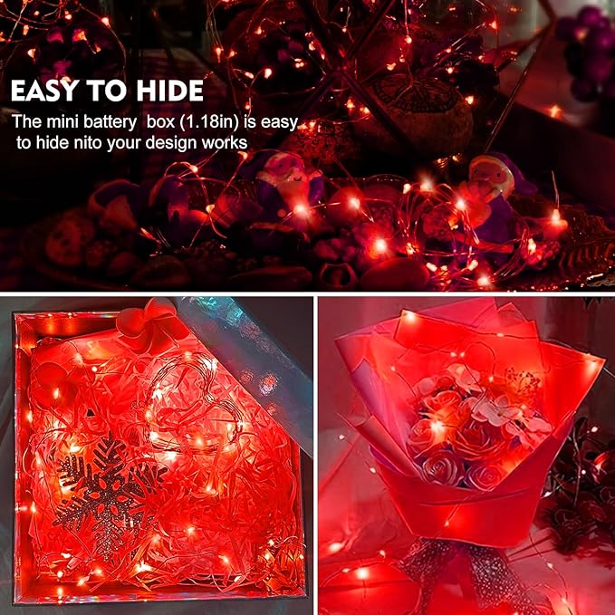AIKEI 100 Pack LED Fairy Lights Battery Operated, Mini String Lights Waterproof 7ft 20 Led Firefly Starry Lighting 3 Modes for Wedding Party Bedroom Halloween Valentines Christmas Decoration Red