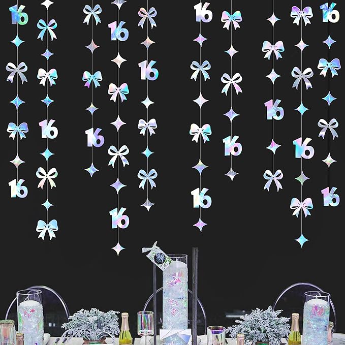 Iridescent 16th Bow Birthday Decorations Metallic Conquette Bow Garland Streamer Banner Backdrop for Girls Boys Happy 16th Birthday Sweet Sixteen Cheers to 16 Years Old Anniversary Party Supplies
