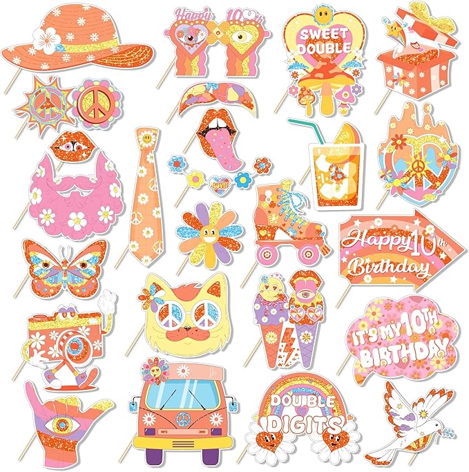 25Pcs Hippie Two Groovy Photo Booth Props, Boho Daisy School Bus Rainbow Peace Party Decorations Favor for Happy 10th Birthday Theme Party Supplies Essentials with Sticks and Glues