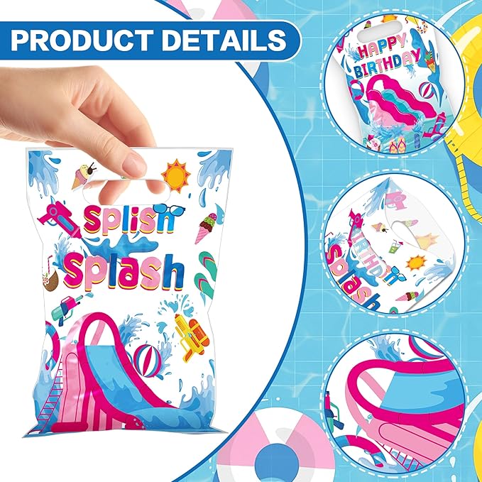 MOIZYNG 50Pcs Splish Splash Summer Birthday Gift Bags with Handles, Pink Splish Splash Happy Birthday Plastic Candy Treat Goodie Bags for Summer Pool Party Favors Supplies