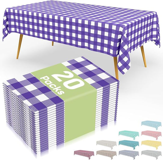 Smiry 20 Packs Gingham Disposable Table Cloth, 54 x 108 Inch Waterproof Plastic Tablecloth, Rectangle Purple and White Checkered Table Covers for Picnic, Birthday, Party