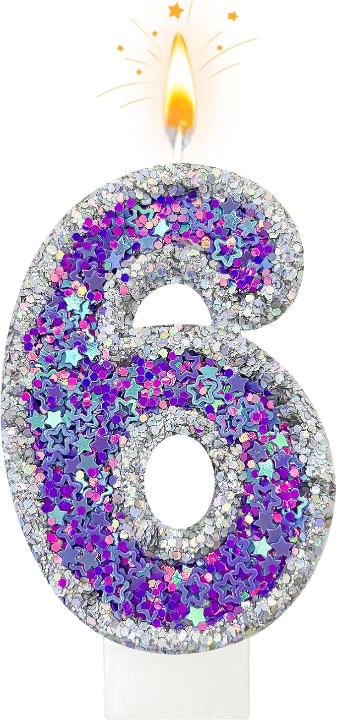 K-pop Number 6 Birthday Candle, Star Glitter Filled Number Candle, Purple Silver Fantasy Cake Topper for Birthday Party Decoration