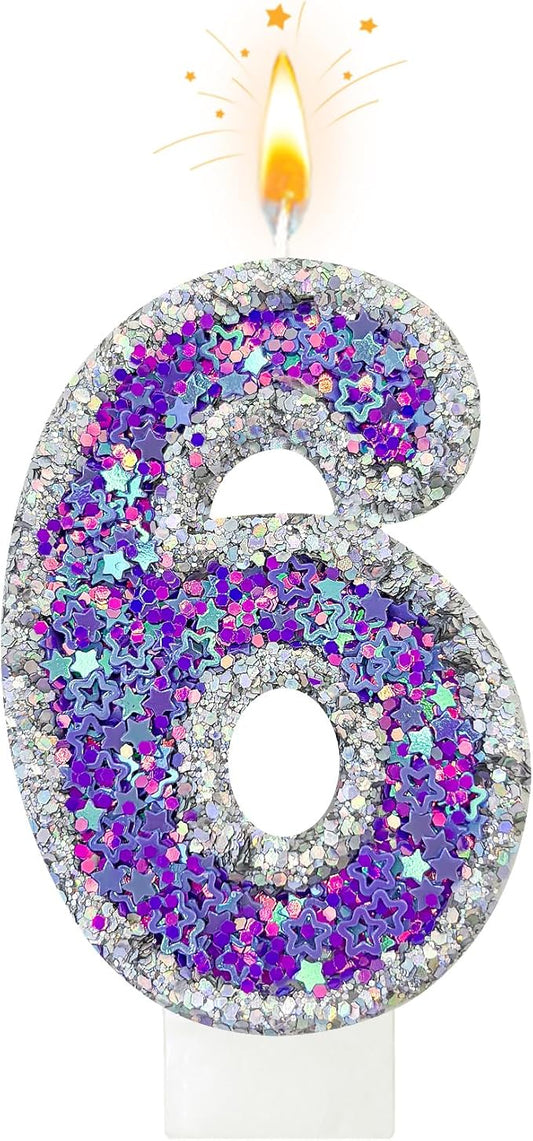 K-pop Number 6 Birthday Candle, Star Glitter Filled Number Candle, Purple Silver Fantasy Cake Topper for Birthday Party Decoration