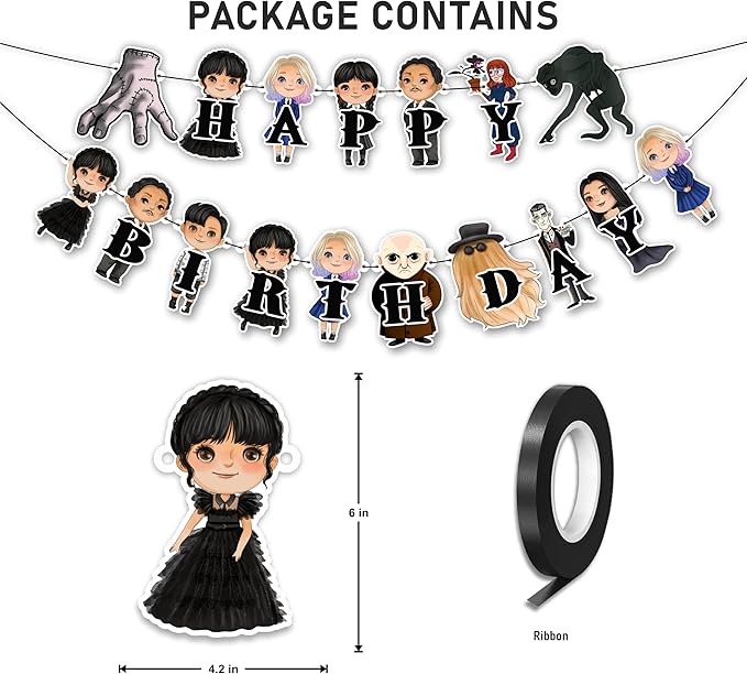 Wednsday Garland Decoration – Themed Party Banner for Birthday Celebrations, Themed Gatherings, Decorative Garland for Dessert Tables, Room Décor, Photo Displays, and Special Events