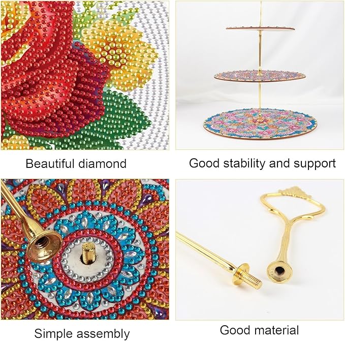 DoxQcs 3 Tier Wooden Diamond Art Painting Cake Cupcake Display Stand Round Cupcake Stand Dessert Tower Pastry Tray Platter for Tea Party Wedding Birthday-Rose