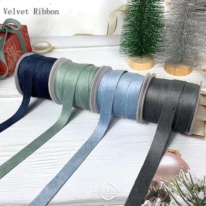 Velvet Ribbon Set 3/8" x 10 Yards, 2 Rolls 20 Yards, Dseason Handmade Navy Blue Velvet Ribbon Set for Gift Wrapping & Bow Making, Christmas Tree, Wreath Decoration, DIY Crafts Decoration