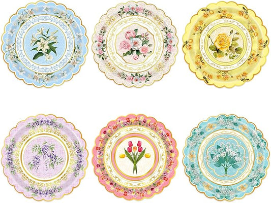 48-Pack Floral Paper Plates, Tea Party Plates, 7 Inch Disposable Floral Plates Decorations for Tea Party, Mothers Day, Bridal Shower, Birthday, Wedding and Baby Shower