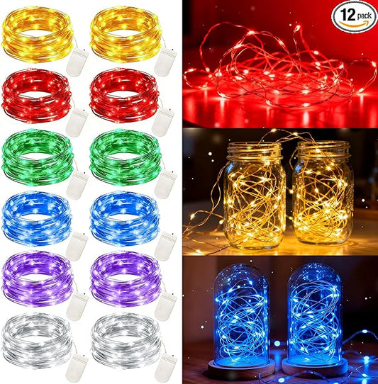 VOOKRY 12 Pack Fairy Lights Battery Operated, 30 LEDs Mini Starry String Lights 10 ft Silvery Copper Wire Lights, Works for Wedding Centerpiece, Party, Table, Christmas Decorations(Multi-Colored)