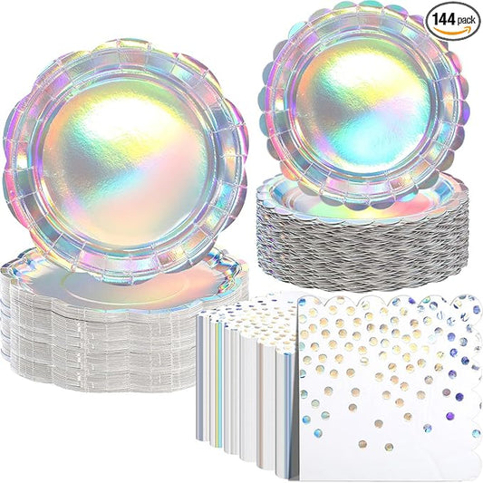 144 Pcs 48 Guests Iridescent Party Plates and Napkins Iridescent Disposable Rainbow Holographic Paper Plates and Napkins for Mermaid Bridal Shower Wedding Birthday Decorations Party Supplies