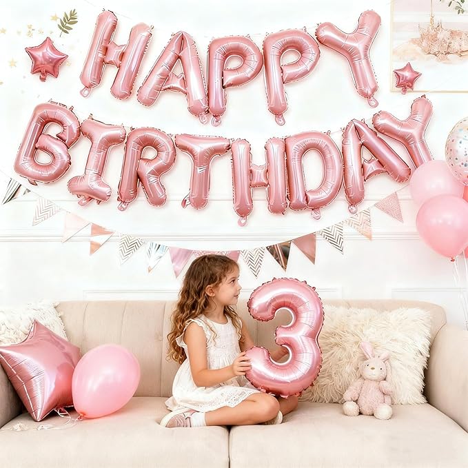 Pink Happy Birthday Balloon Banner Set -16 Inch Foil Letters Balloons, Reusable Birthday Decorations and Party Supplies, Suitable for Men and Women's Birthday Decorations，Party Backdrop
