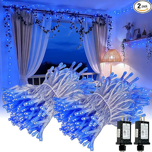Connectable 2Pack String Lights Indoor, 66FT 200LED String Lights, 13Modes Twinkle Fairy Lights Plug in Outdoor Waterproof, Blue Clear Wire Light for Christmas Tree, Wedding Yard, Party Decor