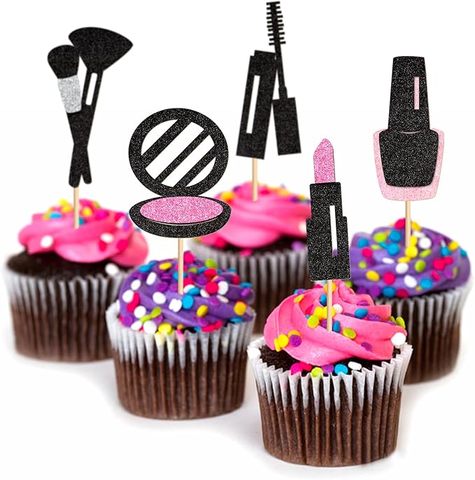 Ercadio 24Pcs Glitter Makeup Cupcake Toppers Mascara Lipstick Cupcake Picks Makeup Brushes Cosmetics Food Picks for Makeup Birthday Cupcake Decors Bridal Shower Bachelorette Party Supplies