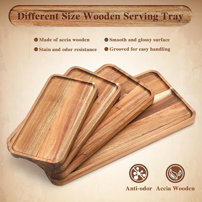 Leinuosen 4 Set Acacia Wooden Serving Platter Solid Wood Serving Trays Rectangular Charcuterie Boards Steak Wooden Plates for Entertaining Party Display Cheese Appetizer (10x5/12x6/14x7/16x8 in)