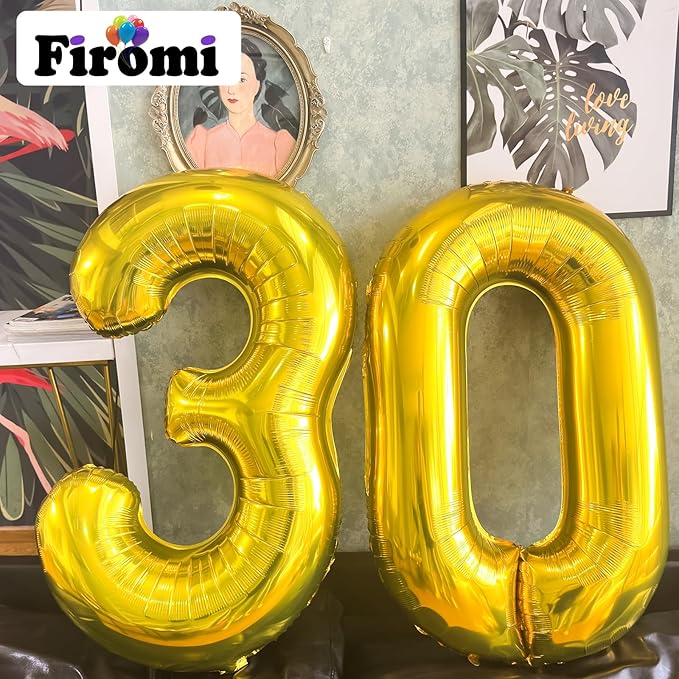 FIROMI 30 Number Balloons 40-inches Gold Big Giant Jumbo Huge Foil Mylar 30 Balloon Numbers for 30th Birthday Party Anniversary Events
