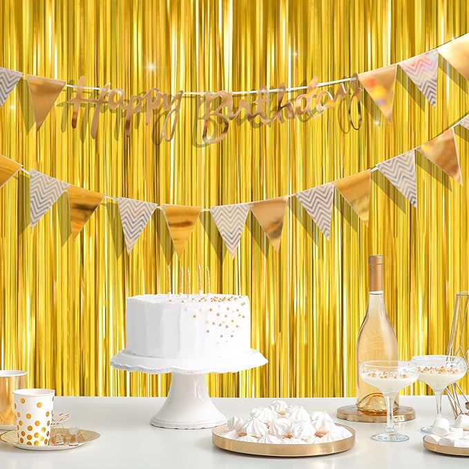 Gold Metallic Tinsel Foil Fringe Curtains Backdrop 2Pack 3.3x8.3Ft Gold Party Streamers for Birthday Party Decorations Halloween Christmas Decors Foil Curtain Backdrop for Bachelorette Wedding
