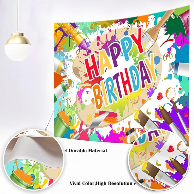 Mocsicka Art Paint Happy Birthday Backdrop Banner Painting Themeed Birthday Party Decorations Sip and Paint Happy Birthday Background for Photography (Colorful, 10x7ft(120"x82"))