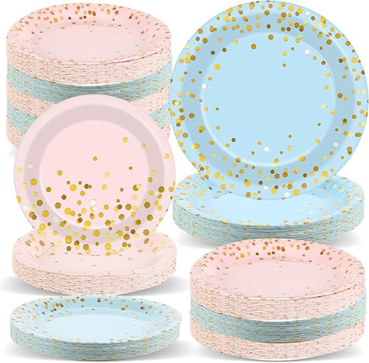 Wiooffen 48PCS Gender Reveal Party Supplies - Baby Shower Tableware Set with Blue Pink Paper Plates and Napkins for 24 Guests