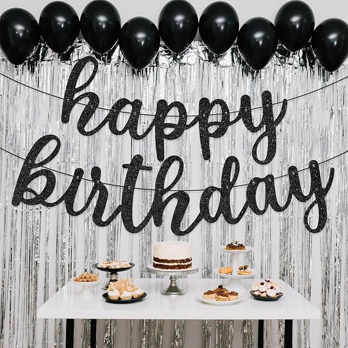 Glitter Happy Birthday Banner Sign Wall Door Banners for Women Men Boys Girls Birthday Party Backdrop Garland Decorations, Personalized Letters Name Banners Connected Black