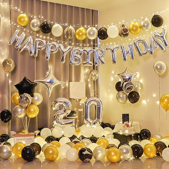 CANREVEL Happy Birthday Banner 13pcs 16 Inch Mylar Foil Letters Sign with 8pcs Star Balloons & LED Lights Birthday Party Decorations for Kids and Adults - 3D Silver