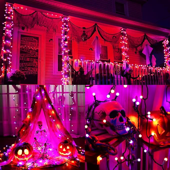 ODEETRONIC Halloween Lights, 65.6ft 200 LED Purple & Orange Globe String Lights, Connectable Berry String Lights, 8 Modes Ball Lights with Timer, Outdoor Halloween Lights for Graden Tree Party Bedroom
