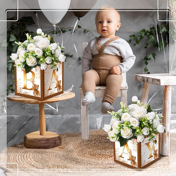 Bucherry 6 Pcs Baby Shower Centerpieces with Letters, 7" Baby Blocks Flower Boxes for Table Decorations, Gender Reveal Party Supplies & Photo Props(Brown,Brown Bear)