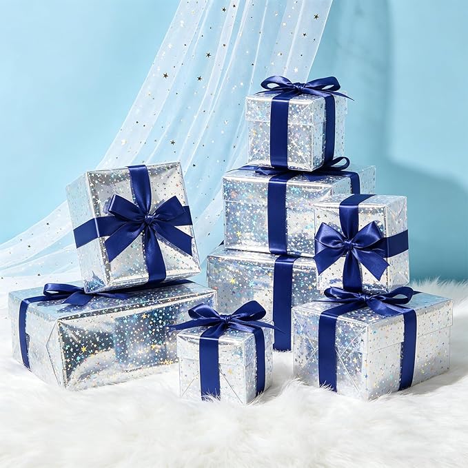 Bafeil Silver Star Wrapping Paper Roll - Metallic Holographic Gift Wrap with Ribbon for Birthday, Mothers Day, Graduation, Wedding, Engagement, Baby Shower, 17 IN x 32.8 FT
