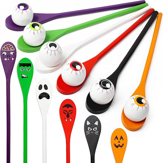JOYIN Halloween Egg and Spoon Race Game, 6 Eggs and 6 Spoons, Made of the Finest Wood, Fun Game for Parties, Birthdays Classroom Activities. Durable, Lightweight |Six Assorted Colors