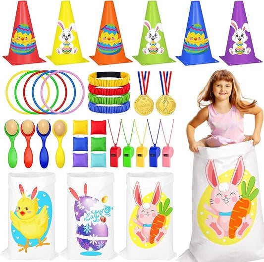 Cinrobiye 62 Pcs Easter Outdoor Games Set, Lawn Field Day Party Games with Potato Sack Race, Egg and Spoon, Three Legged Race, Ring Toss, Bean Bags for Easter Spring Carnival Yard Activities