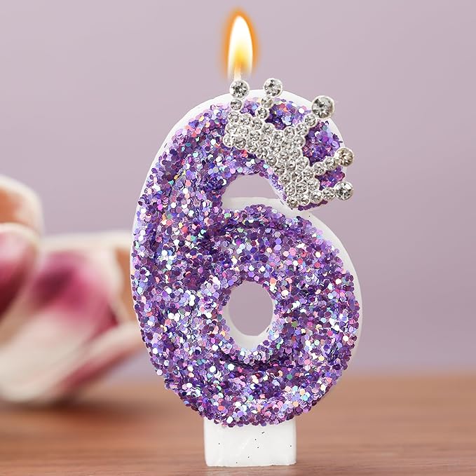 Birthday Number Candles,Purple Crown Birthday Candles for Cake,Glitter Number 6 Candle Cake Topper with Sequins for Anniversary Celebrations Supplies (Number 6)