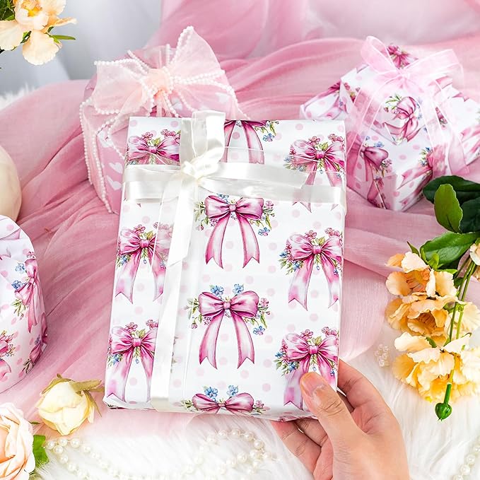 MAYPLUSS Pink Bow Wrapping Paper Roll, Girl Birthday Wrapping Paper, Reversible Girly Feminine Pink Gift Wrap with Bow Print for Baby Shower, Christmas, Valentine's Day, Mother's Day (17 In X 33 Ft)