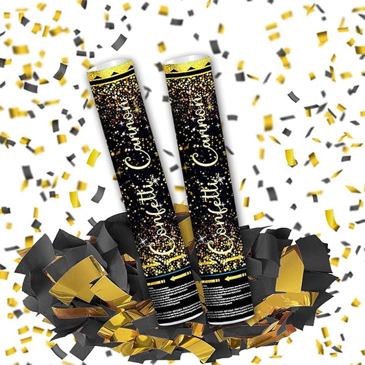 12" Black Gold Confetti Cannon Party Poppers for Birthday Graduation Wedding Retirement New Year Celebrations - Easy to Use, Pack of 2