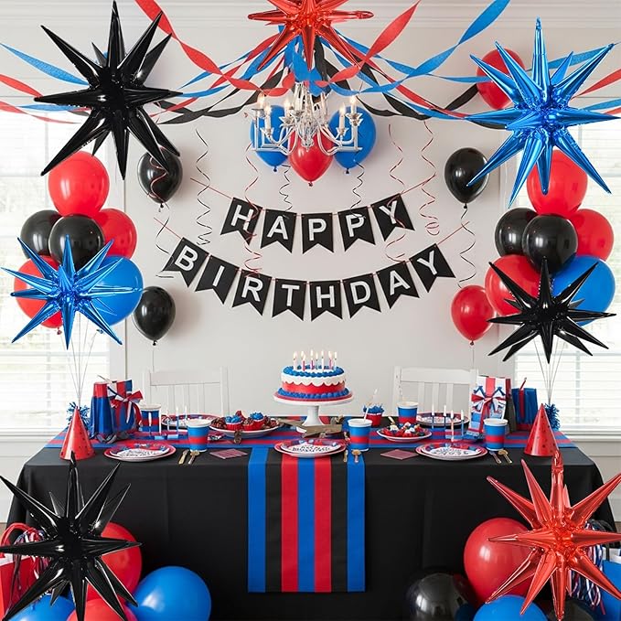 TONIFUL 8 Pcs Black Red Navy Blue Foil Balloons Large Star Balloons Explosion Star Mylar Balloons for Party Backdrop Christmas New Year Birthday Wedding Baby Shower Anniversary Photo Booth Supplies