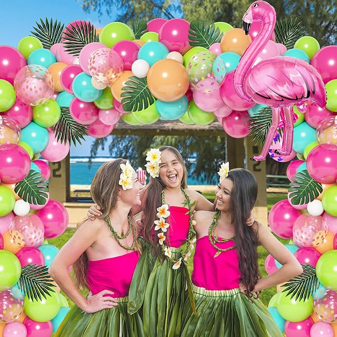 124Pcs Tropical Balloons Arch Garland Kit, Green Hot Pink Rose Gold Confetti Balloons Palm Leaves for Tropical Hawaiian Aloha Luau Flamingo Birthday Party Baby Shower Wedding Decorations