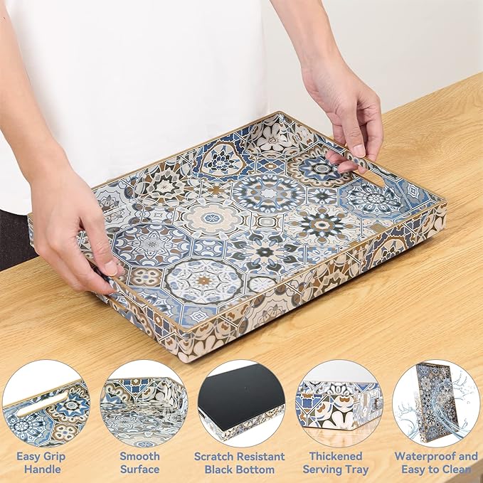 AGIOTA 2 Pcs Serving Tray with Handles Bohemian Decorative Tray Large Ottoman Trays for Living Room Blue Coffee Table Trays for Breakfast