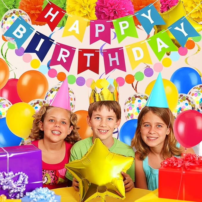 Multicolor Birthday Decorations - Happy Birthday Banner, Paper Pompoms, Confetti, Balloons, Hanging Garland, Swirl Streamers for Boys and Girls Party Decor