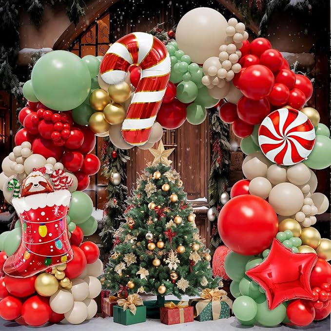 Christmas Balloon Arch Garland Kit 159pcs Red Sage Green Gold Balloons With Candy Cane Swirl Christmas Stocking Foil Balloons Friendsmas Santa Ugly Sweater Party Decorations