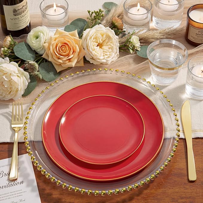 WDF 150Pcs Red Plastic Plates - Red Plates Disposable - 25Guest Dinnerware Include 25 Dinner Plate, 25 Dessert Plate, 75 Cutlery & 25 9oz Cups for Wedding/Birthday/Bridal Shower