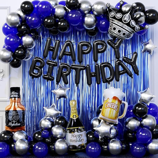 Blue and Black Happy Birthday Decorations for Men with Happy Birthday Banner, Fringe Curtains, Birthday Foil Balloons Kits for 21st,25th 27th 30th 35th 40 50 60th Birthday Party Decorations