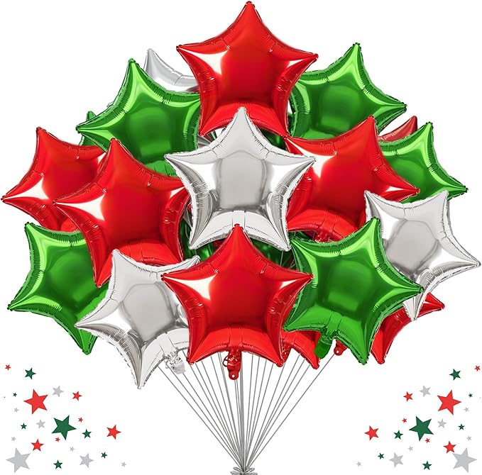 TONIFUL 30Pcs 18 Inch Large Red Green Silver Star Shape Foil Balloons Big Stars Helium Mylar Ballons for Halloween Chrismas Birthday Wedding Baby Shower Anniversary Engagement Party