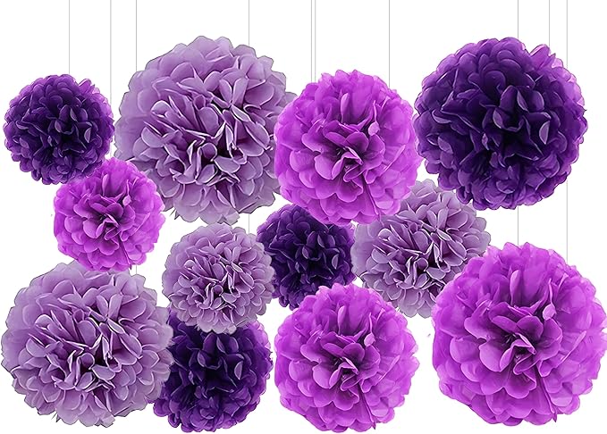 XIKSXITN 12 pc Purple Tissue Paper Pom poms in 3 Colors-Hanging Paper Flowers Ball for Party Decorative