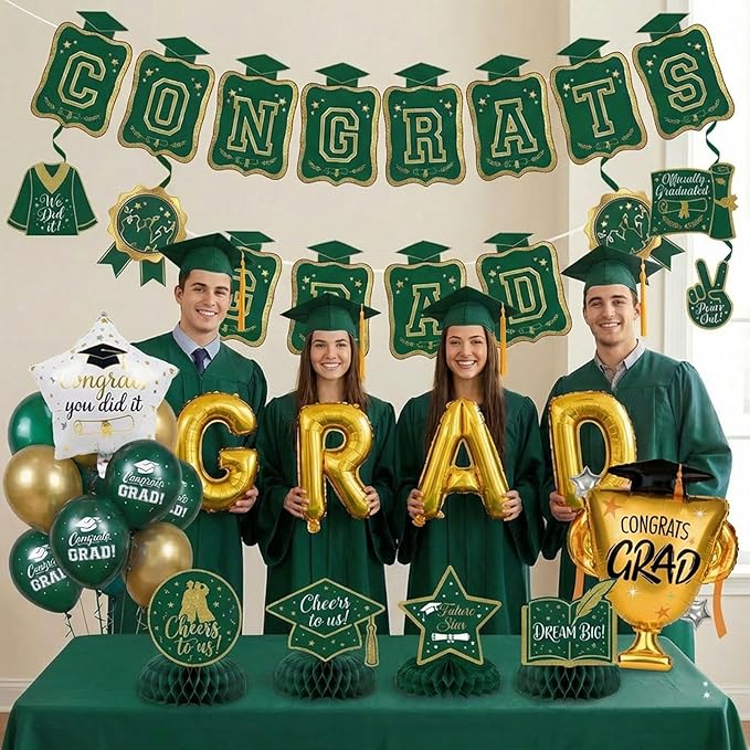 Green Gold Balloons GRAD Print Balloons with Banner Table Honeycomb Centerpieces Hanging Swirl trophy star GRAD Letters Mylar Balloons for 2026 graduate Prom Decorations