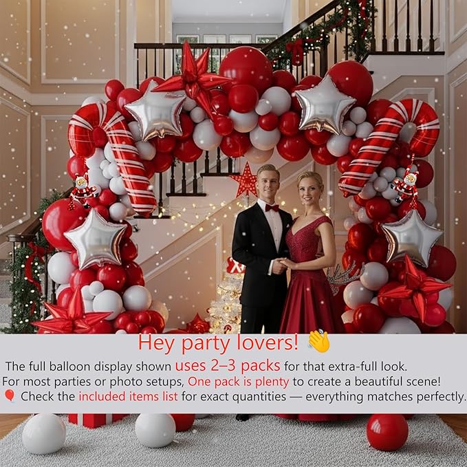Christmas Party Decorations with Red White Silver Balloon Garland Arch Kit & small Star Candy Cane foil Balloons for 2026 Winter wonderland baby shower Xmas friendsmas new years eve Party Decorations
