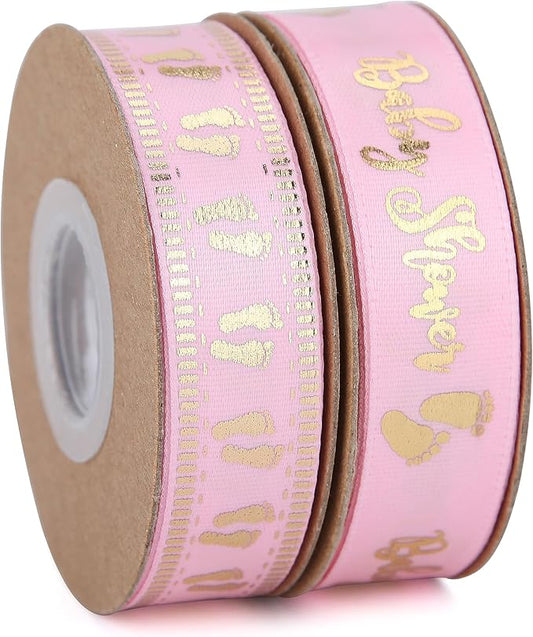 Meseey 20 Yards Baby Ribbon Foot Print Pink and Gold Ribbons for Crafts Cake Baby Shower Birthday,Gift Wrapping, Party Decoration (2 roll Pink)