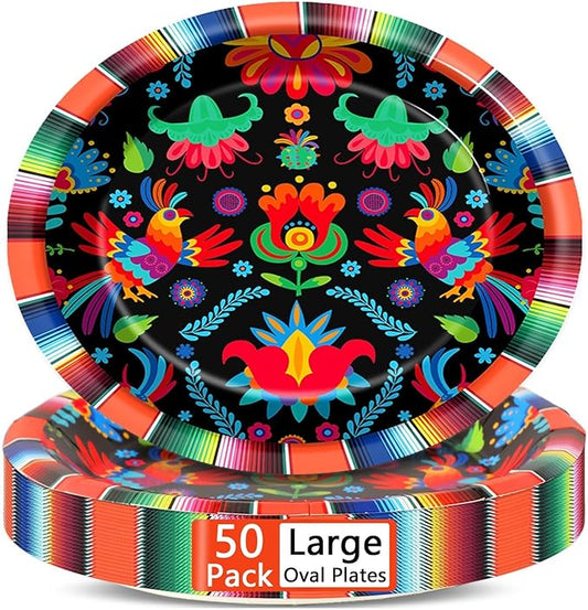 Qyeahkj 50PCS Mexican Fiesta Oval Paper Plates Large 11” Disposable Mayo Fiesta Party Decorations Mexican Datura Flower Supplies Favor for Day of The Dead Mexico Stripes Platters Taco Tableware Set
