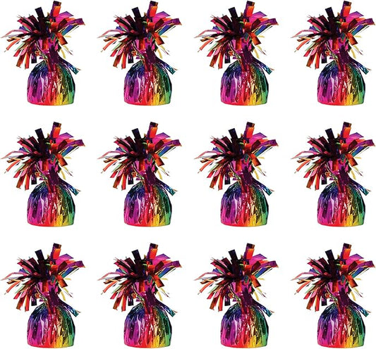 Beistle 12 Count Rainbow Metallic Plastic Wrapped Balloon Weights for Birthday Parties, Colorful Celebrations and Pride Events, Table Decorations for Any Theme, 6 Oz
