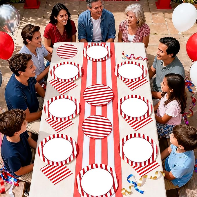 96Pcs Red and White Striped Party Supplies Red and White Striped Paper Plates and Napkins Circus Theme Tableware Set for Summer Pizza BBQ Picnic Baby Shower Birthday Carnival Party Decorations Serve24