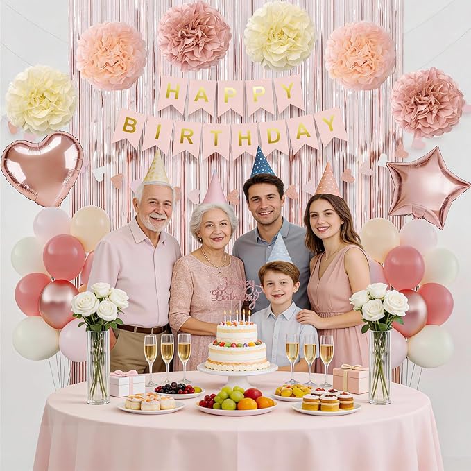 Boho Dusty Pink Birthday Decorations for Women, Happy Birthday Party Decorations, Happy Birthday Banner, Retro Pink Nude Ivory White Sand Balloons, Paper Pompoms, Heart Garland, Party Decor for Girls