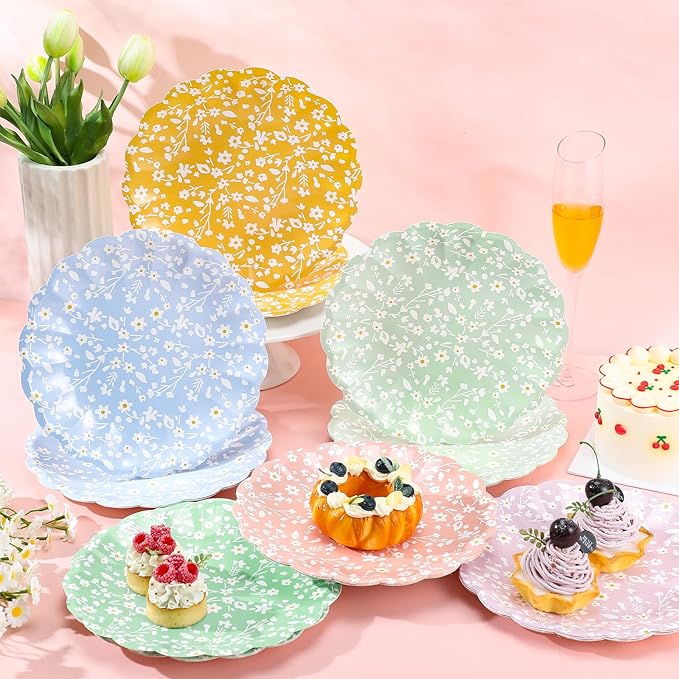 Yungyan 30 Pcs Ditsy Floral Paper Plates - 9.5'' Ditsy Scalloped Disposable Party Paper Plates Rainbow Scalloped Dessert Tableware for Christmas Winter Wedding Birthday Baby Shower Party Supplies