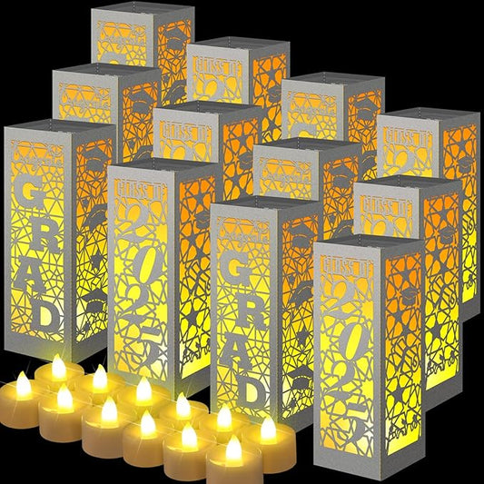 Rossesay 12 Pcs Graduation Table Centerpieces Boxes Class of 2026 Graduation Lanterns for Centerpieces with LED Candles Congrats Grad School College Photo Props for Party Table Decoration (Silver)